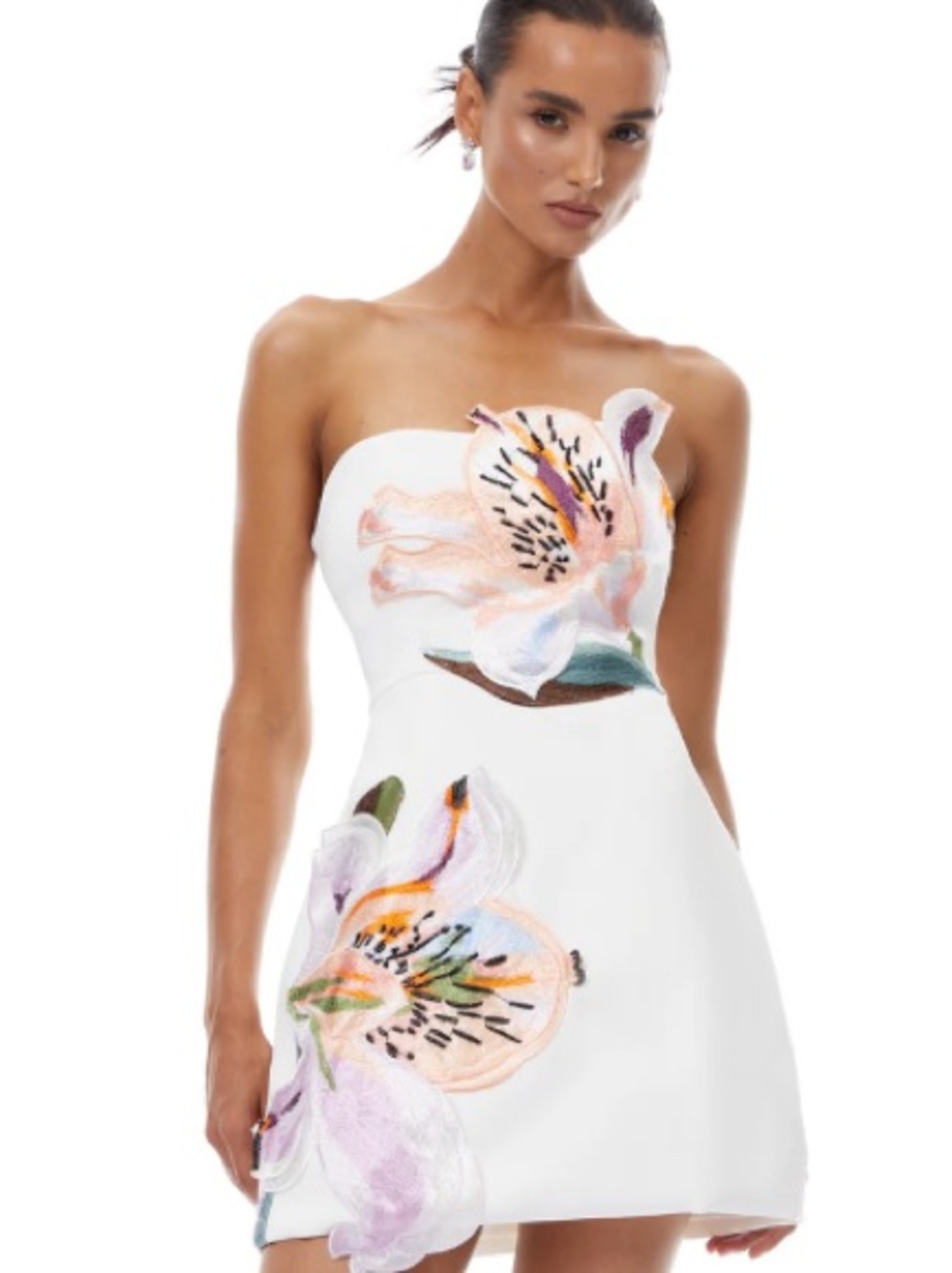 Strapless White Floral Appliqué Mini Dress